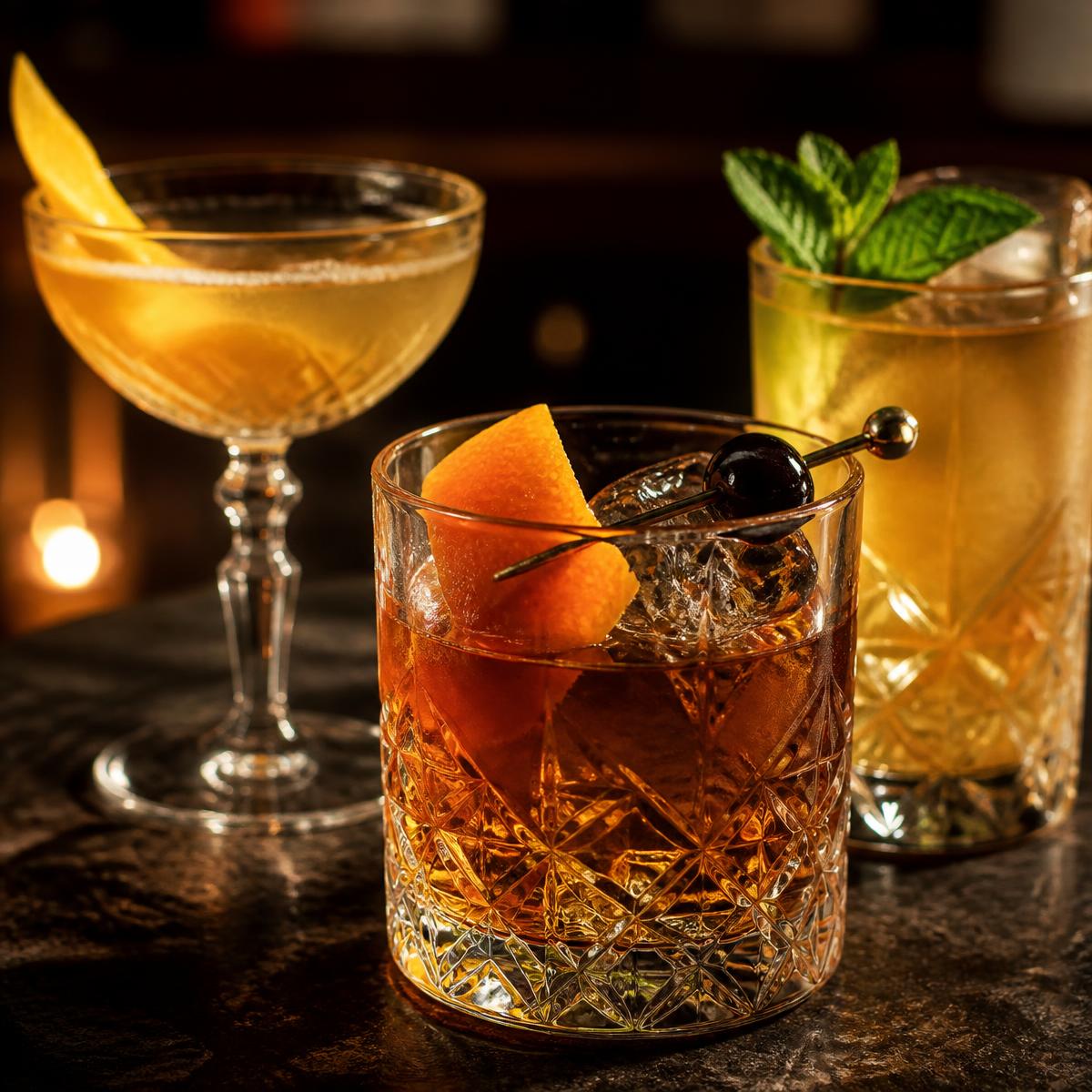 Cocktails on a dark bar counter