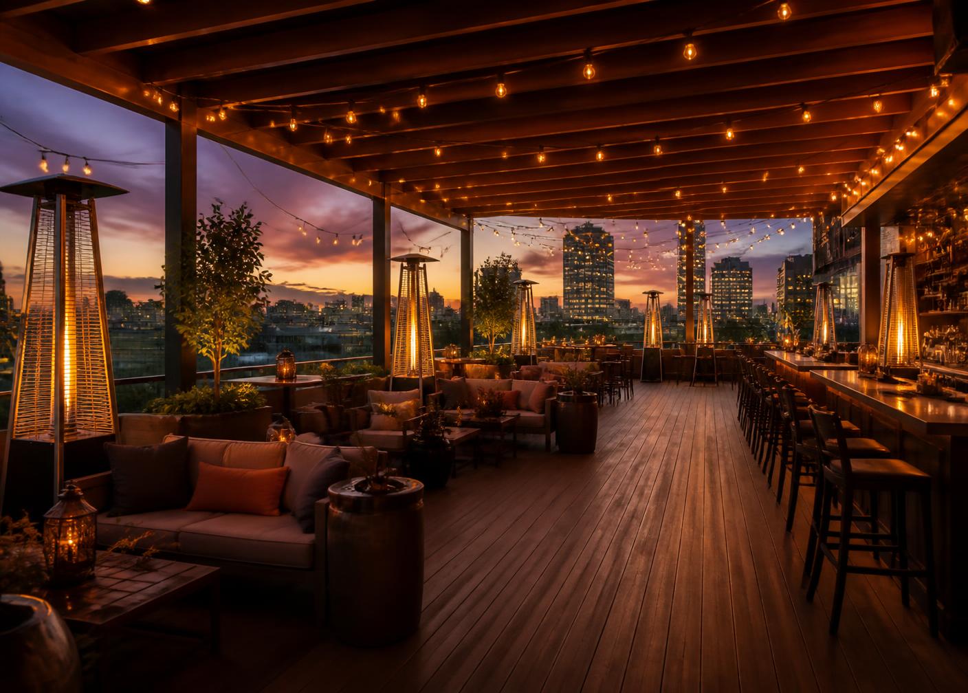 Covered outdoor deck with string lights and lounge seating